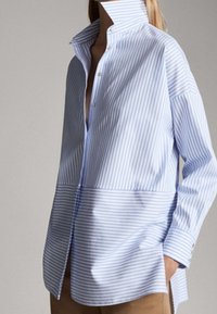 Blauw-wit gestreepte shirt met een hoge kraag, lange mouwen, een knoopsluiting aan de voorkant en een lichte high-low zoom.