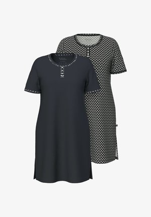 Dvě noční košile po kolena s krátkými rukávy, jedna tmavá jednobarevná s ozdobným vzorem na lemu, druhá celoplošně vzorovaná malými bílými geometrickými tvary.