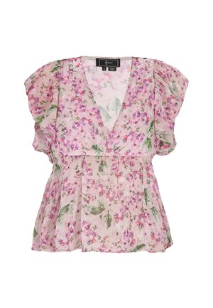 Blouse florale en tissu léger et transparent ; présente un décolleté en V profond, des manches courtes froncées et une taille froncée avec des motifs roses et verts.