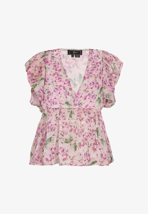 Õhuline lillemuster blouse, mis on valmistatud kerge ja läbipaistva kangaga; omab sügavat V-kaelust, volangi lühikesi varrukaid ja kokkuvõetud taljet roosa ja rohelise mustriga.