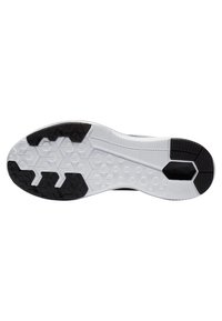 Černobílá podrážka tenisky s hexagonálním vzorem a texturovaným gripem. Obsahuje hladký bílý mezipodešev a odolnou černou gumovou podrážku.