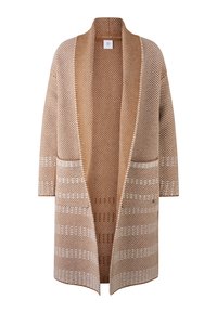 Brown and white patterned long cardigan made of textured fabric, featuring an open front, long sleeves, and two front pockets.
