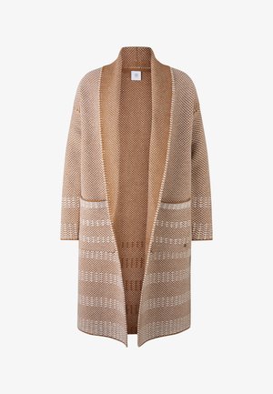 Długi kardigan w brązowo-białe wzory wykonany z teksturowanej tkaniny, z otwartym przodem, długimi rękawami oraz dwoma przednimi kieszeniami.