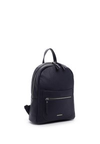 Black textured leather backpack with front zip pocket, top handle, and dual zipper closure on main compartment.
