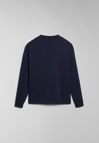 Navy blue sweatshirt with long sleeves, crew neck, and ribbed cuffs. Smooth texture with a simple, minimalistic design.