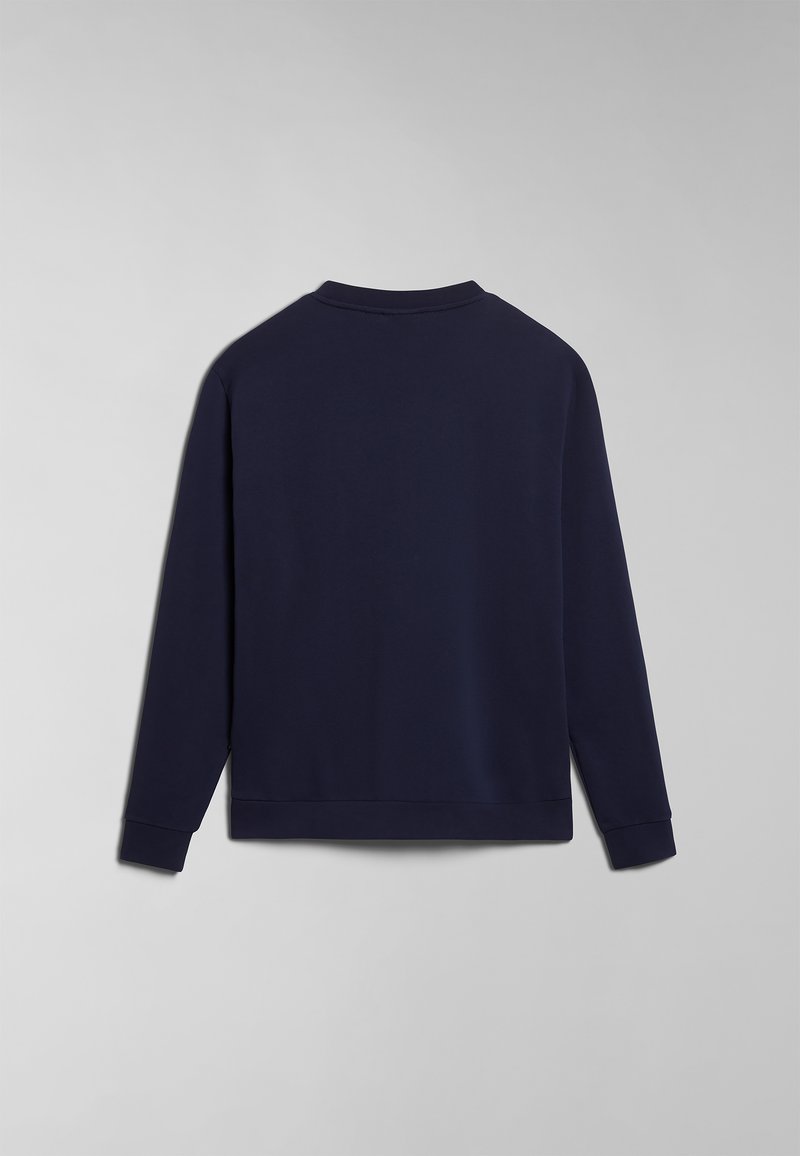 Marineblaue Sweatshirt mit langen Ärmeln, Rundhalsausschnitt und gerippten Bündchen. Glatte Textur mit einem einfachen, minimalistischen Design.