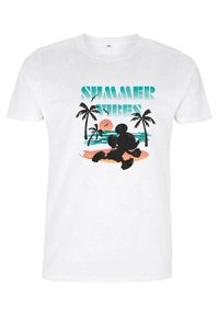 Weißes Baumwoll-T-Shirt mit einem grafischen Druck von Palmen, einem Sonnenuntergang und dem Text "SUMMER VIBES" in Türkis und Schwarz.