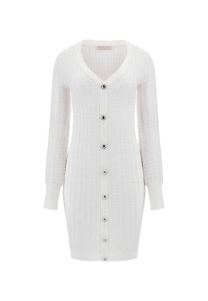 Bílý pletený šaty cardigan s výstřihem do V, žebrovanou texturou, dlouhými rukávy a stříbrnými knoflíky vpředu. Přiléhavý design.