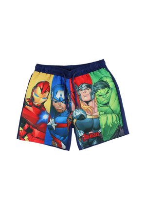 Pantaloncini per bambini con stampe colorate dei personaggi Marvel Avengers Iron Man, Captain America, Thor e Hulk sulla parte anteriore.