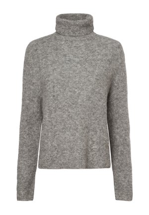 Grey turtleneck sweater made from soft, textured fabric. Features long sleeves and a relaxed fit, with a small accent detail at the hem.