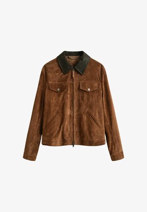 Braune Wildlederjacke mit Reißverschluss, dunkelbraunem Lederkragen, zwei mit Knöpfen verschlossenen Brusttaschen und zwei schrägen Seitentaschen.