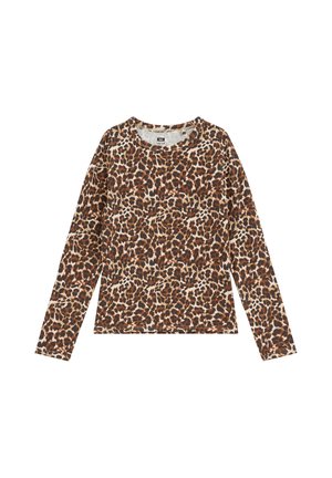 Langærmet rundhalset skjorte med leopardmønster i brun, sort og beige på hvid baggrund.