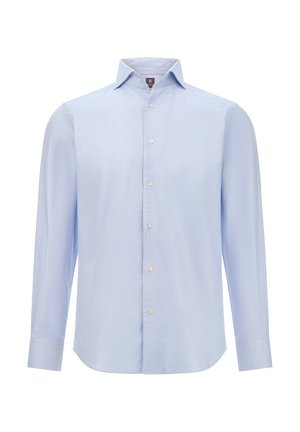 Camicia a quadri blu chiaro con colletto button-down, maniche lunghe e quattro bottoni sul davanti. Realizzata in un tessuto morbido.