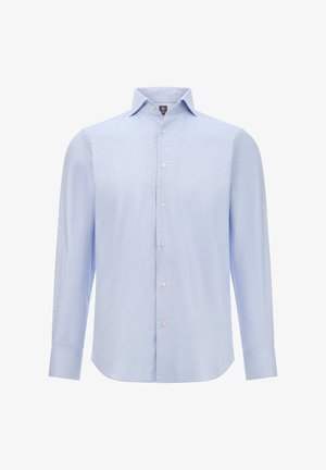 Jasnoniebieska koszula w kratkę z kołnierzykiem zapinanym na guziki, długimi rękawami i czterema guzikami z przodu. Wykonana z gładkiego materiału.