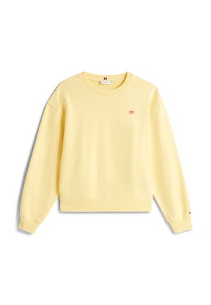 Gelbes Baumwoll-Sweatshirt mit Rundhalsausschnitt, langen Ärmeln und gerippten Bündchen. Verfügt über ein kleines rotes Logo auf der Brust.