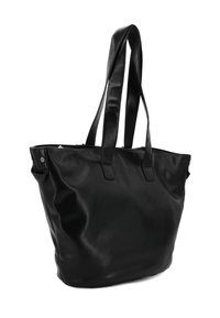 Borsa a tote nera realizzata in pelle liscia, con due manici robusti, un interno spazioso e una leggera lucentezza sulla superficie.