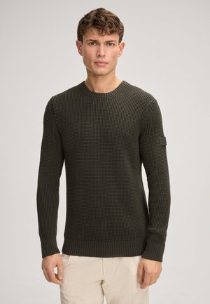 Giovane uomo con indosso un maglione di lana verde scuro e pantaloni beige chiaro, in piedi contro uno sfondo grigio chiaro uniforme.