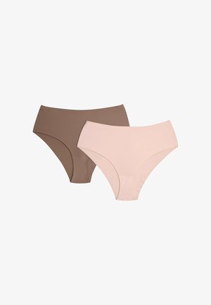Two pairs of women's underwear: one in soft brown, the other in light pink. High-waisted design with smooth fabric and minimal stitching.