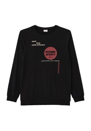 Zwarte sweatshirt met lange mouwen en een ronde hals. Kenmerkt zich door witte en bordeauxrode tekst, inclusief cirkelvormige ontwerpen en verschillende zinnen aan de voorkant.