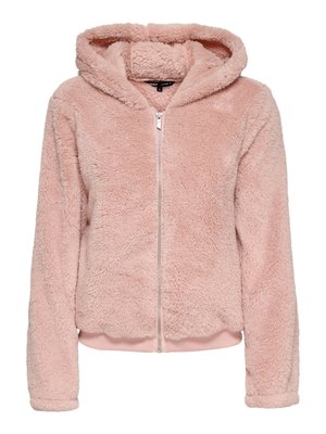 Měkká, světle růžová mikina na zip s dlouhými rukávy, plyšovou, chlupatou texturou a žebrovaným lemem.
