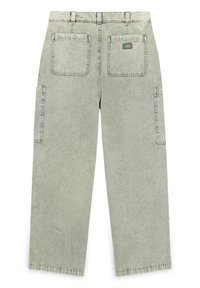 Světlé zelené cargo kalhoty se střihovým designem rovného nohavice, s dvojitými zadními kapsami a bočními kapsami, vyrobené z texturované látky.