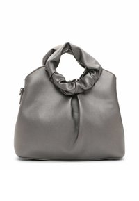 Borsa grigia con una consistenza morbida e liscia, presenta un manico superiore attorcigliato e un corpo arrotondato e strutturato. Chiusura a zip sul lato.