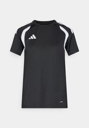 Črna športna majica z belimi poudarki na ramenih, izdelana iz sintetičnega materiala, z okroglim izrezom in logotipom na levi strani prsnega koša.