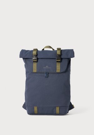 Navy blue roll-top backpack with olive green straps and hardware. Features zipper closure, logo detail, and two side attachment points.