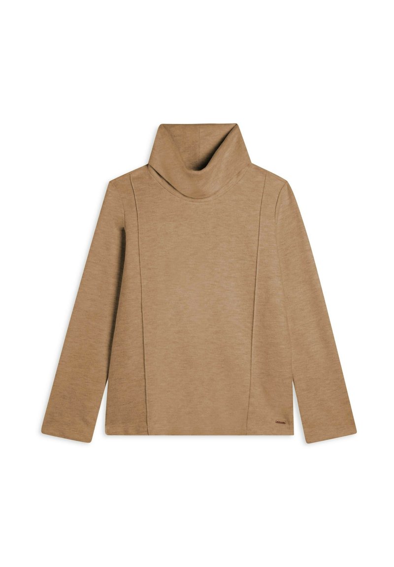 Maglione beige con collo a dolce vita e maniche lunghe. Presenta un alto collo piegato e un tessuto strutturato con cuciture che scorrono lungo il davanti.