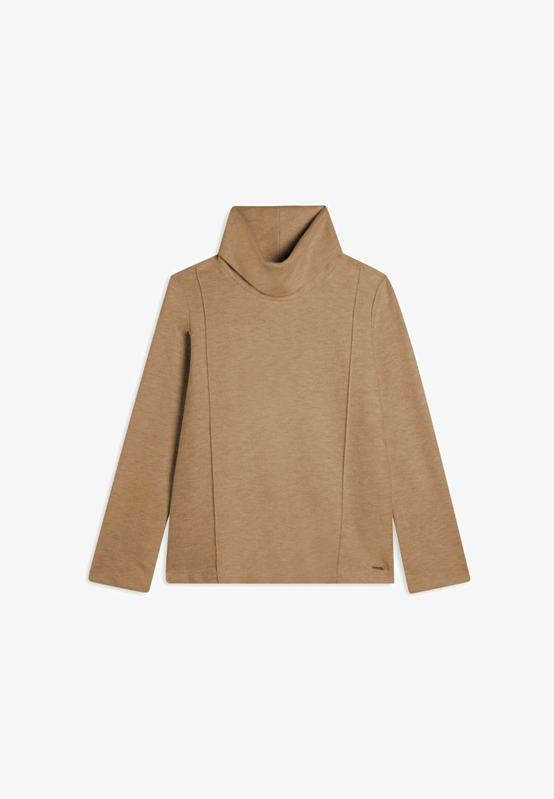 Maglione beige con collo a dolce vita e maniche lunghe. Presenta un alto collo piegato e un tessuto strutturato con cuciture che scorrono lungo il davanti.