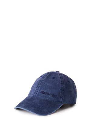 Gorra de béisbol azul marino con visera curva y "JEANS WEST" bordado en el centro delantero.