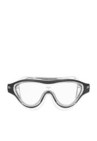 Gafas de natación de silicona negra con lentes transparentes, que cuentan con un marco ancho y un sellado interno suave para mayor comodidad. Logo de Arena en la correa.