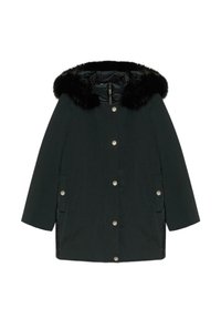 Sort parka-jakke med hætte foret med imiteret pels, knaplukning foran med trykknapper, sidelommer og en let skinnende tekstur. Midtlængde design.