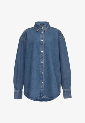 Sinine teksakangast pikkade varrukatega triiksärk, millel on krae, ees suruõmblused ja kergelt puhvis varrukad, esitletud valgel taustal.