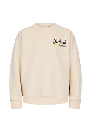 Beiges Sweatshirt mit Rundhalsausschnitt, bedruckt mit dem Schriftzug "Refresh Retour Jeans" und einer kleinen Zitronengrafik auf der oberen linken Brust, mit gerippten Bündchen und Saum.