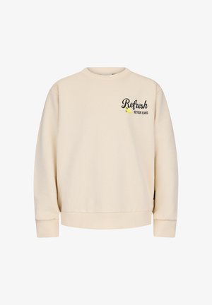 Beige crewneck sweatshirt with "Refresh Retour Jeans" text and a small lemon graphic on the upper left chest, ribbed cuffs and hem.