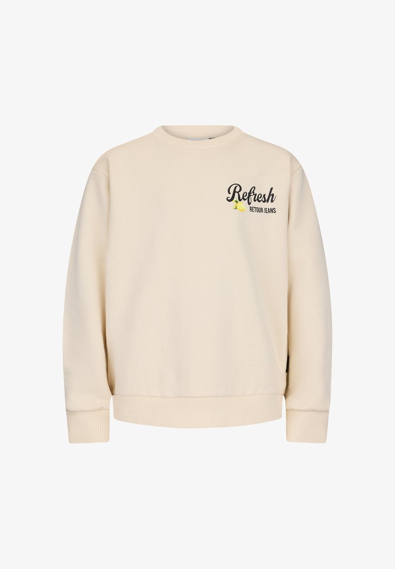 Beige trui met ronde hals met de tekst "Refresh Retour Jeans" en een kleine citroenafbeelding op de linkerbovenborst, met geribbelde manchetten en zoom.