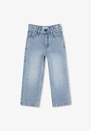 Lichtblauwe denim jeans met rechte pijpen, vijf zakken, riemlussen en knoopsluiting in de taille.