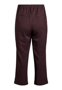 Bordeauxrode capri-broek met een gladde textuur, elastische tailleband en twee achterzakken. De broek heeft een recht model zonder zichtbaar patroon.