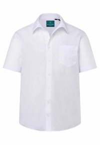 Camicia bianca a maniche corte in cotone; presenta un colletto con bottoni e una tasca sul petto. Texture liscia con un design pulito.