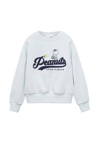 Svetlo modra majica iz mehkega blaga z mornarsko modrim grafičnim tiskom "Peanuts Sportswear" ter ilustracijo Snoopyja in Woodstooka.