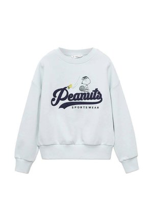 Ljusblå sweatshirt av mjukt tyg med en marinblå "Peanuts Sportswear" grafik och en illustration av Snoopy och Woodstock.