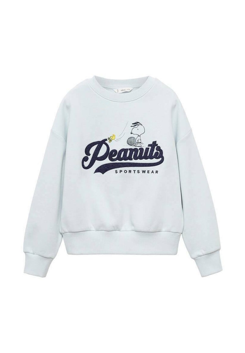 Svetlo modra majica iz mehkega blaga z mornarsko modrim grafičnim tiskom "Peanuts Sportswear" ter ilustracijo Snoopyja in Woodstooka.