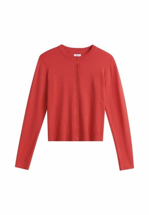 Rode lange mouwen cardigan met ronde hals en knoopsluiting aan de voorkant, gemaakt van gebreide stof.