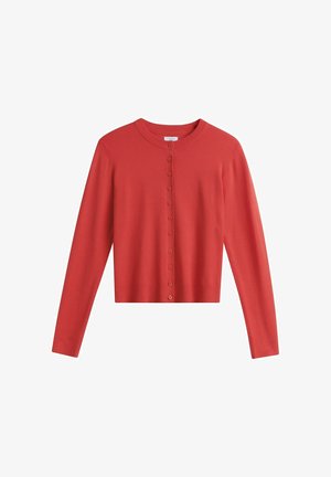Rode lange mouwen cardigan met ronde hals en knoopsluiting aan de voorkant, gemaakt van gebreide stof.