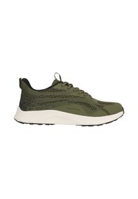 Baskets de sport vert olive avec un motif en mesh noir, semelle blanche, laçage à l'avant, et texte "ENDURANCE" sur le côté.