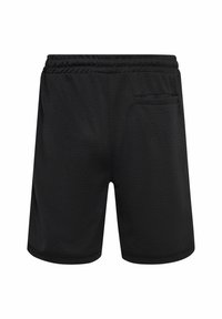Sorte træningsshorts lavet af åndbart meshstof med elastisk talje og en lille baglomme. Enkel design uden mønstre.