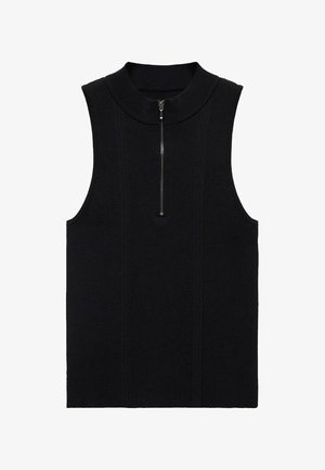 Črna brezrokavna majica iz rebrastega materiala, z visokim ovratnikom in srebrnim zadrgo na vratu. Preprost in prilegajoč dizajn.