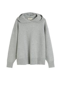 Szary, oversize’owy hoodie z szerokim, podwójnym kapturem, prążkowanymi mankietami i dołem. Wykonany z miękkiej, teksturowanej tkaniny. Bezszwowe ramiona.