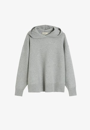 Szary, oversize’owy hoodie z szerokim, podwójnym kapturem, prążkowanymi mankietami i dołem. Wykonany z miękkiej, teksturowanej tkaniny. Bezszwowe ramiona.